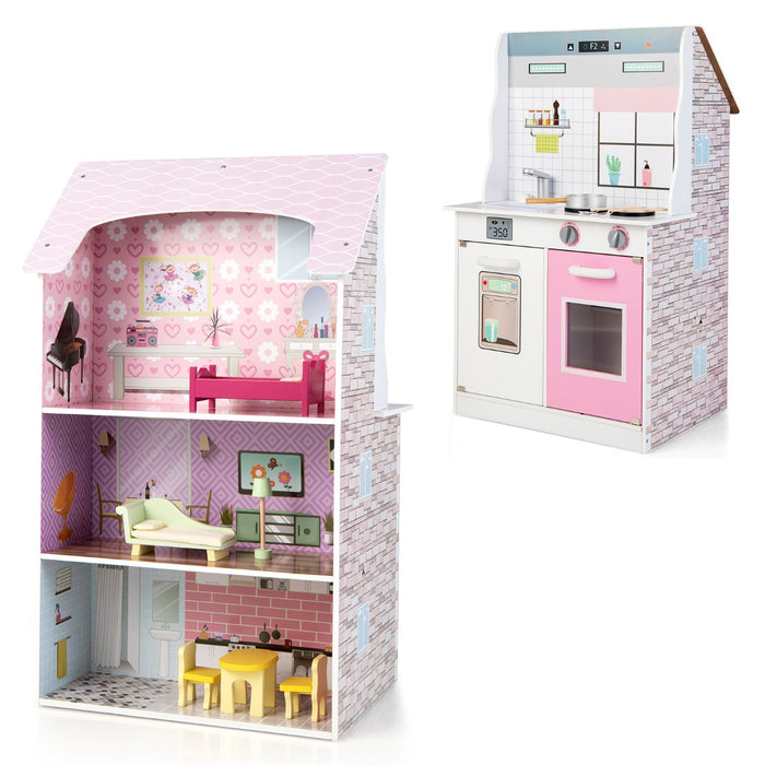 Kitchen & Home Play - 2-in-1 Playset with Dollhouse and 9 Accessories - Perfect for Imaginative Playtime
