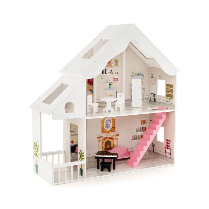 Child-Friendly Wooden Dollhouse - Detailed Simulation Rooms with Furnishing Set, White - Creative Play Solution for Kids' Imaginative Activities