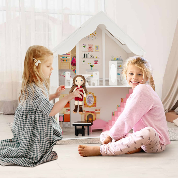 Child-Friendly Wooden Dollhouse - Detailed Simulation Rooms with Furnishing Set, White - Creative Play Solution for Kids' Imaginative Activities