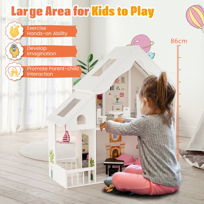 Child-Friendly Wooden Dollhouse - Detailed Simulation Rooms with Furnishing Set, White - Creative Play Solution for Kids' Imaginative Activities
