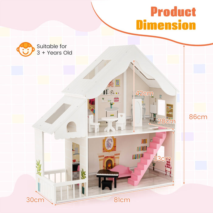 Child-Friendly Wooden Dollhouse - Detailed Simulation Rooms with Furnishing Set, White - Creative Play Solution for Kids' Imaginative Activities
