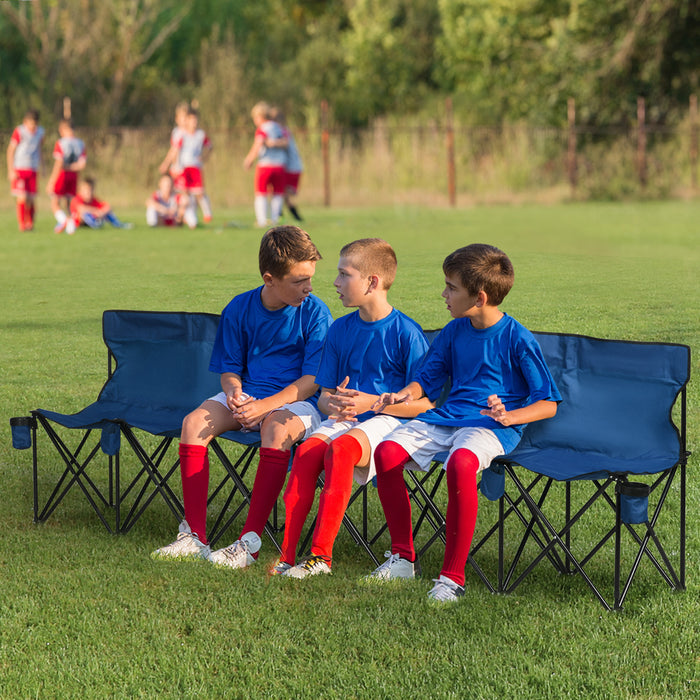 6-Seater Sports Bench with Cup Holders - Portable Folding Seating for Outdoor, Picnic, Camping, Spectators - Durable Steel Frame & Includes Carry Bag, Blue
