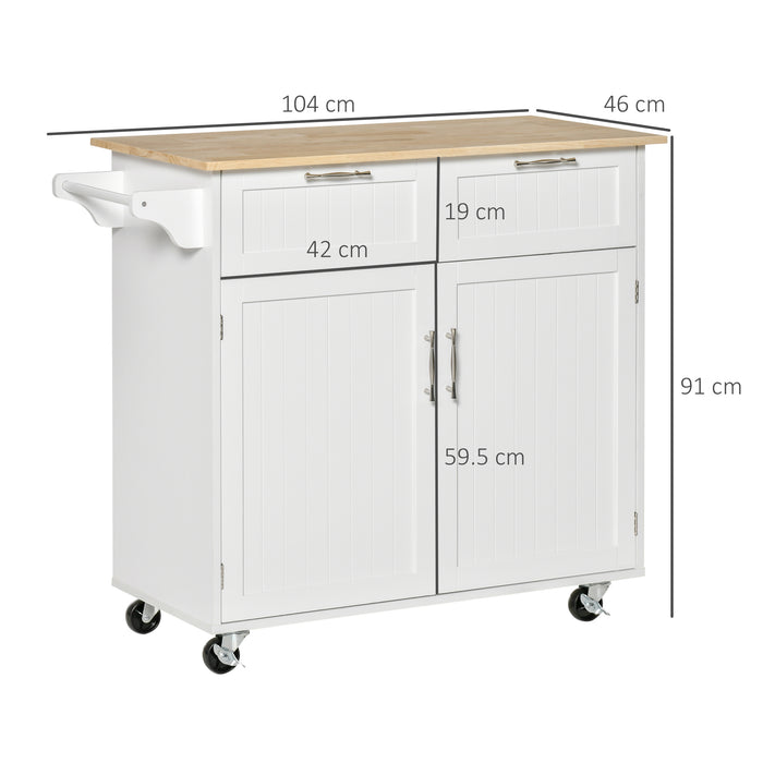 Modern Rolling Kitchen Cart - Rubberwood Top with 2 Drawers, Storage Utility Trolley in White - Ideal for Home Chefs & Extra Counter Space