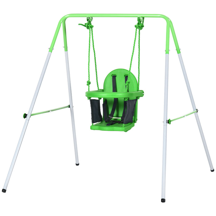 Steel Green Nursery Swing - Durable Outdoor Baby Swing with Safety Seat Belt & Supportive Back - Ideal for Playgrounds & Backyard Fun