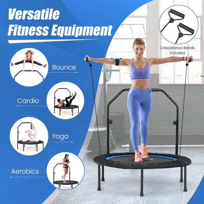Mini Trampoline 101 cm - With 2 Resistance Bands and Adjustable Foam Handle in Blue - Ideal for Home Fitness and Low-Impact Exercise