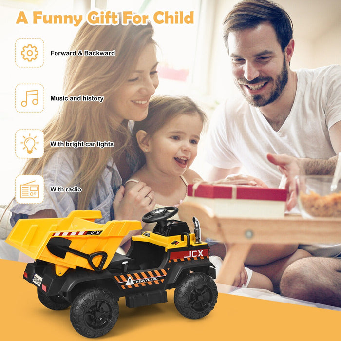 Electric 3-Speed Ride On Dump Truck - Remote Control and Musical Features, in Vibrant Yellow - Ideal Toy for Kids' Active Outdoor Play