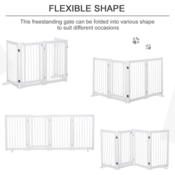 Freestanding 4-Panel Wooden Pet Gate - 91cm Foldable Dog Barrier with Walk-Through Door & Stabilizing Feet - Ideal for Doorway & Stairs Safety, White