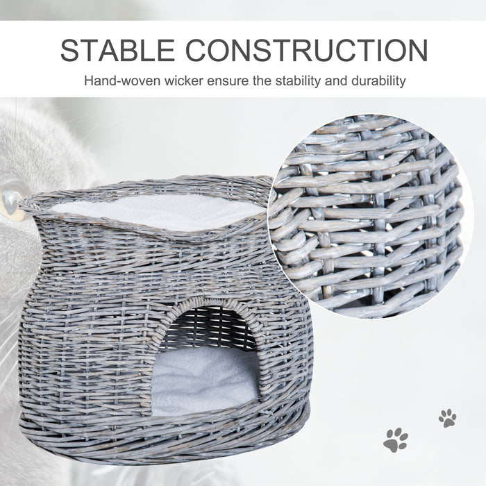 Elevated 2-Tier Wicker Cat House - Willow Basket Kitten Condo with Washable Cushions, Grey - Cozy Pet Retreat for Cats and Small Pets