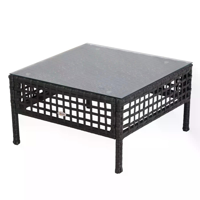 Rattan Coffee End Table with Glass Top - 60x60x33cm Black Finish - Elegant Furniture for Living Room or Patio