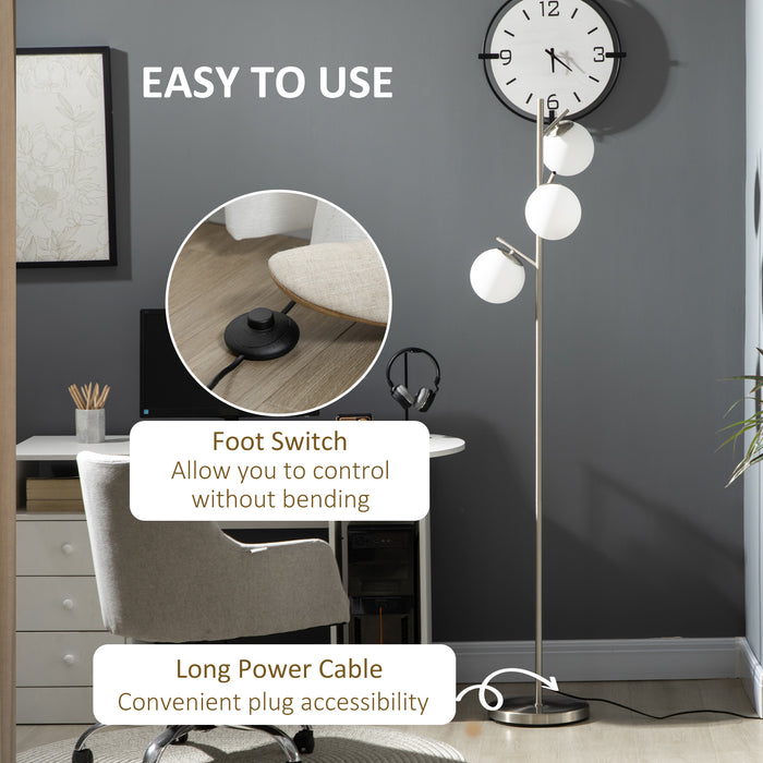 Modern Globe-Shade Tree Floor Lamp - 3-Light Standing Fixture with Steel Base for Living Room and Bedroom - Contemporary Lighting Without Bulb, Silver Finish