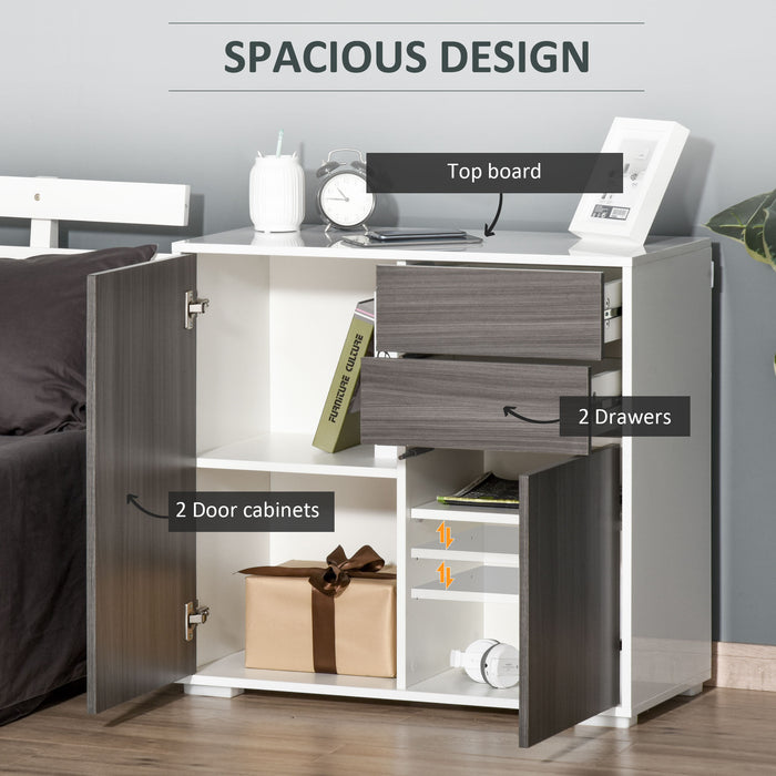 Contemporary Freestanding Push-Open Storage Unit - 2-Drawer & 2-Door Cabinet with Dual-Part Interior, Light Grey and White - Ideal for Organized Home or Office Spaces