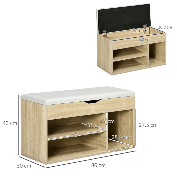 Shoe Cabinet Bench with Hidden Storage - Padded Seating Organizer and Footwear Rack in Oak Tone - Stylish Hallway Space Saver