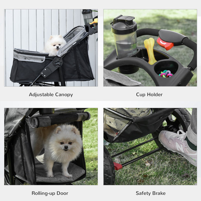 3-Wheel Folding Pet Stroller for Dogs - Adjustable Canopy, Mesh Window, Storage & Brake Features in Grey - Ideal Dog Jogger and Travel Carrier for Pet Lovers