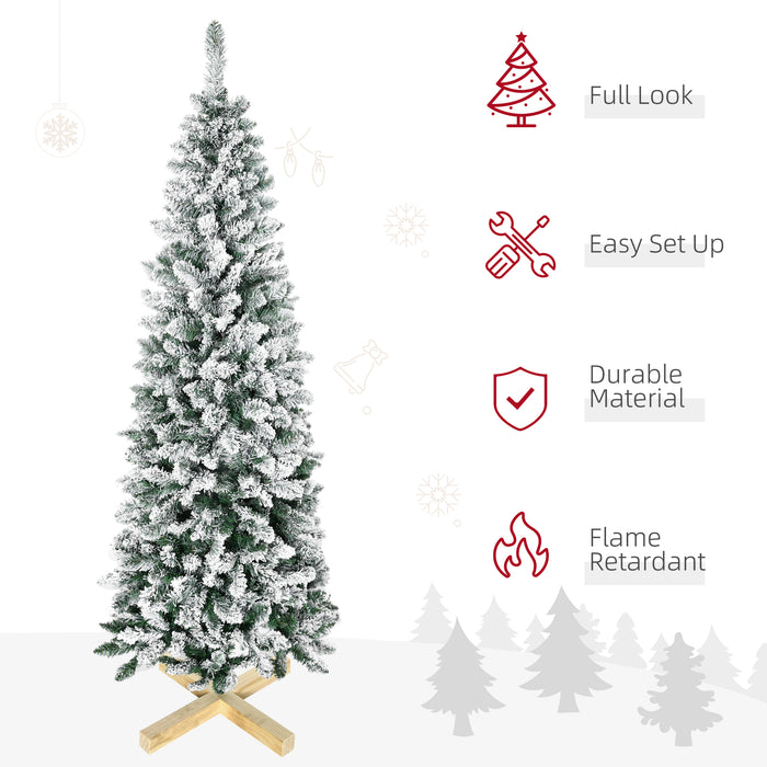 6 Ft Snow-Flocked Pencil Christmas Tree - 630 Lifelike Branches & Automatic Assembly with Pinewood Stand - Perfect for Festive Holiday Decor & Space Saving