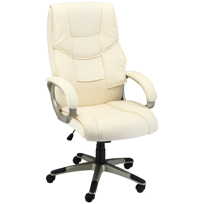Ergonomic Faux Leather High-Back Office Chair - Adjustable Height, Rocking Feature, Computer Desk Seating in Cream White - Ideal for Home Office Comfort and Style