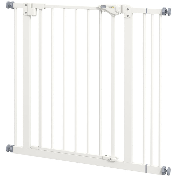 Adjustable White Metal Dog Gate - 74-87cm Width for Pet Safety - Ideal Barrier for Indoor Doorways & Stairs