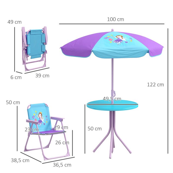 Kids Fairy-Themed Picnic Table Set - Foldable Chairs & Adjustable Parasol for Outdoor Use - Perfect Garden Furniture for Children's Parties and Playdates