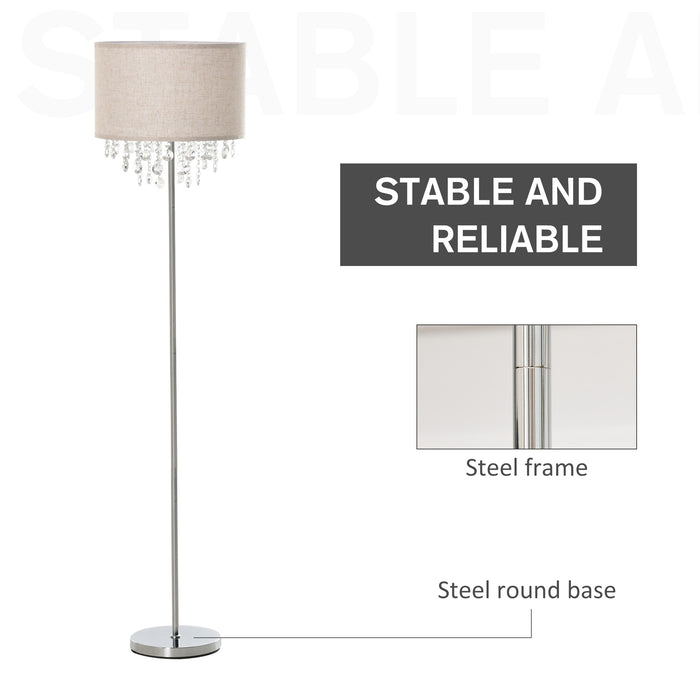 Modern Steel & Crystal Pendant Floor Lamp - Elegant Fabric Shade with Floor Switch in Silver and Cream White - Stylish Illumination for Contemporary Home Decor