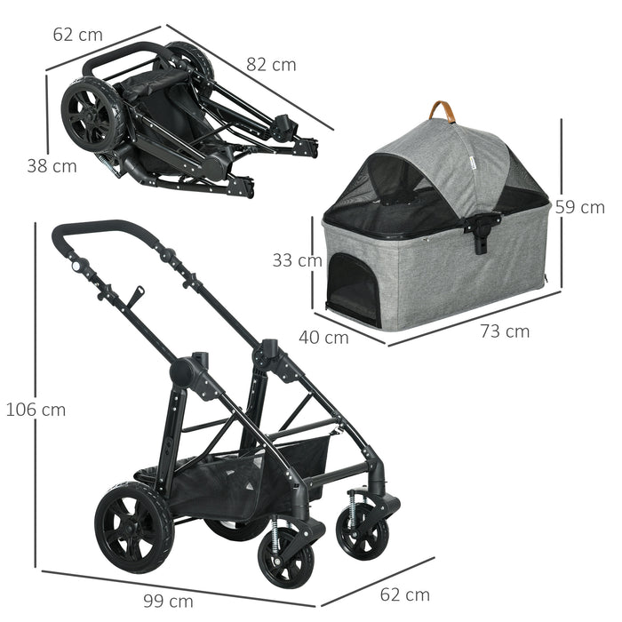 2-in-1 No-Zip Pet Stroller & Carrier - Detachable Bag, Shock-Absorbing Travel Trolley with Adjustable Handlebar and Safety Brake - Ideal for Pet Owners, Comfortable and Secure Transportation