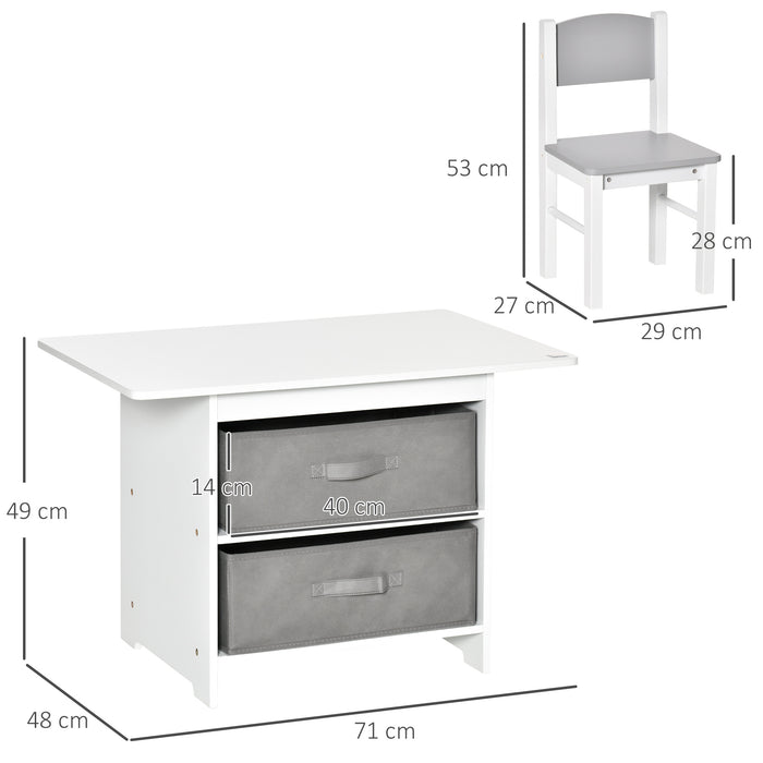 Kids 3-Piece Mini Furniture Set - Table & Chairs with Storage Drawers for Playroom and Bedroom - Safe Design for Toddlers 2-4 Years, White