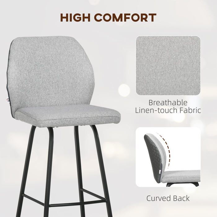 Linen-Touch Upholstered Bar Stools - Set of 2 Kitchen Chairs with Backs, Steel Legs - Stylish Seating for Home Bar and Kitchen Spaces, Light Grey
