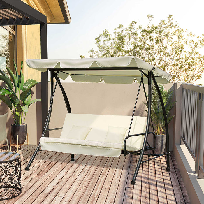 3-Seater Swing Chair & Convertible Hammock - Adjustable Canopy, Cushions, Patio Garden Lounger - Ideal for Outdoor Relaxation and Comfort in Cream White