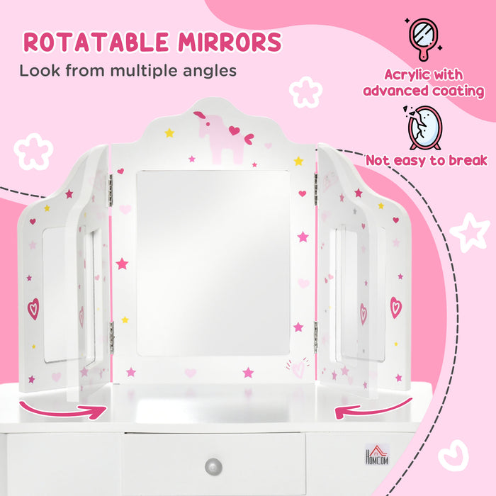Kids Vanity Table & Stool Set - Girls Rotatable Mirror Dressing Desk with Drawers & Star-Heart Design - Playtime Makeup Station for Children