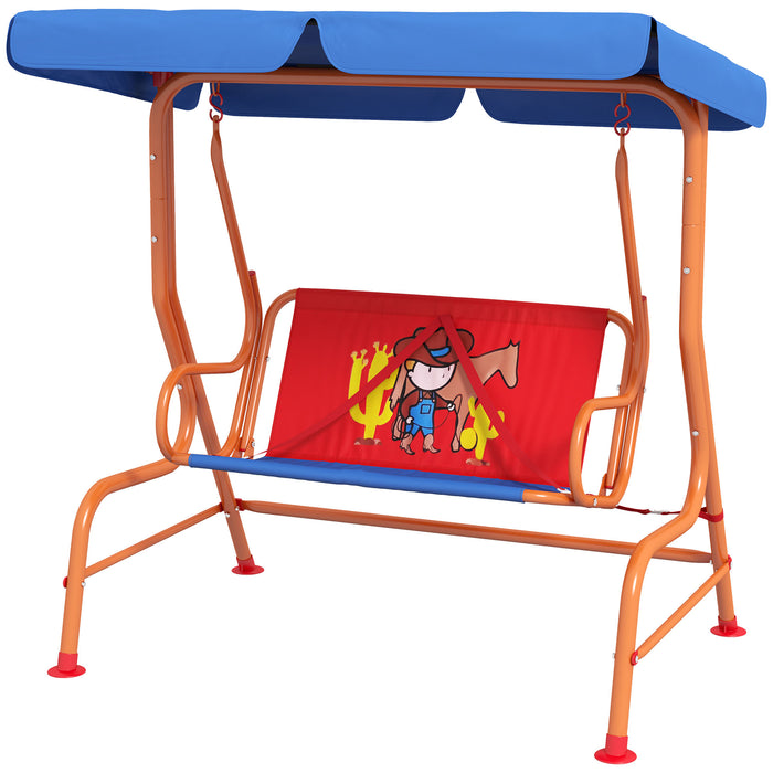 Kids Cowboy-Themed Garden Swing - 2-Seater Chair with Adjustable Canopy and Safety Belts - Perfect for Outdoor Family Fun