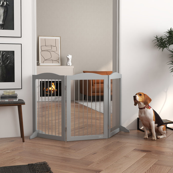 Foldable Freestanding Pet Barrier - Sturdy Dog Gate with Two Support Feet for Secure Placement - Ideal for Staircases, Hallways, Doorways in Grey