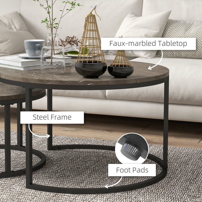 Round Industrial Nesting Coffee Tables Set - Faux Marble Top with Sturdy Steel Frame - Space-Saving Furniture for Living Rooms
