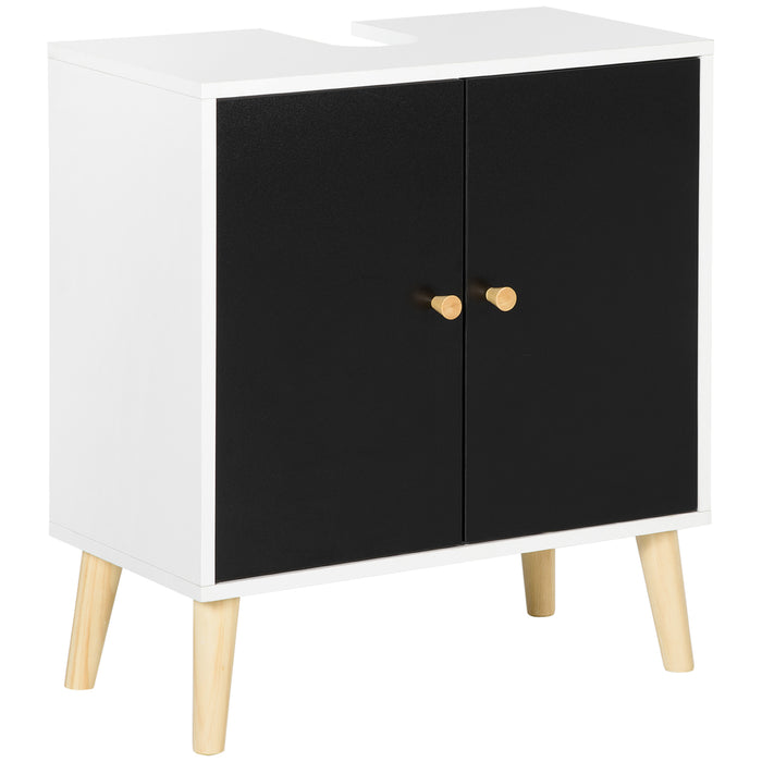 Under-Sink Cabinet with Adjustable Shelf - Modern Bathroom Storage Solution with Solid Wood Legs - Sleek Black and White Design for Home Organization