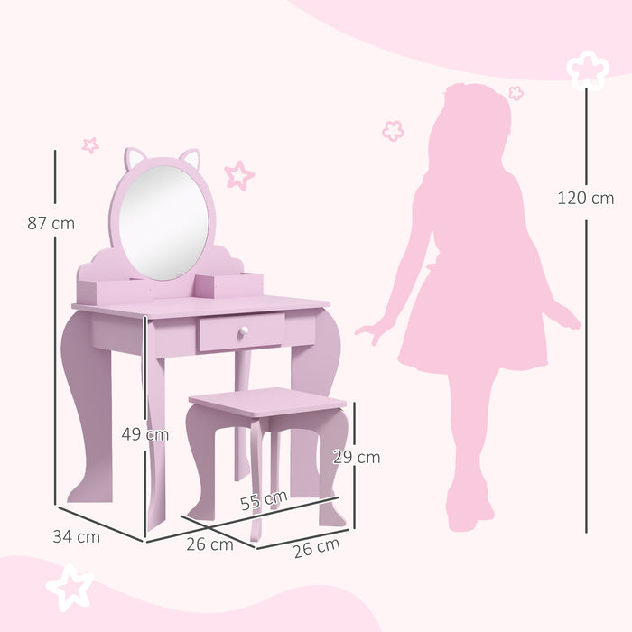 Kids Vanity Table & Stool Set - Cat-Themed Design with Mirror, Drawer, & Storage Boxes - Perfect for Children Aged 3-6 Years, Pink