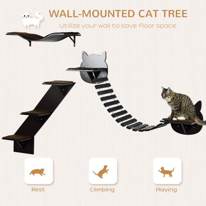 Cat Climbing Shelf Set - 3PC Wall-Mounted Jumping Platforms, Ladders for Active Cats - Kitten Activity Center in Coffee Brown