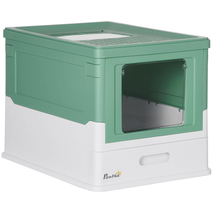 Portable Hooded Cat Litter Box with Scoop - Front Entry and Top Exit Design, Spacious Pet Toilet - Ideal for Privacy-Loving Cats, 47.5x35.5x36.7cm, Green