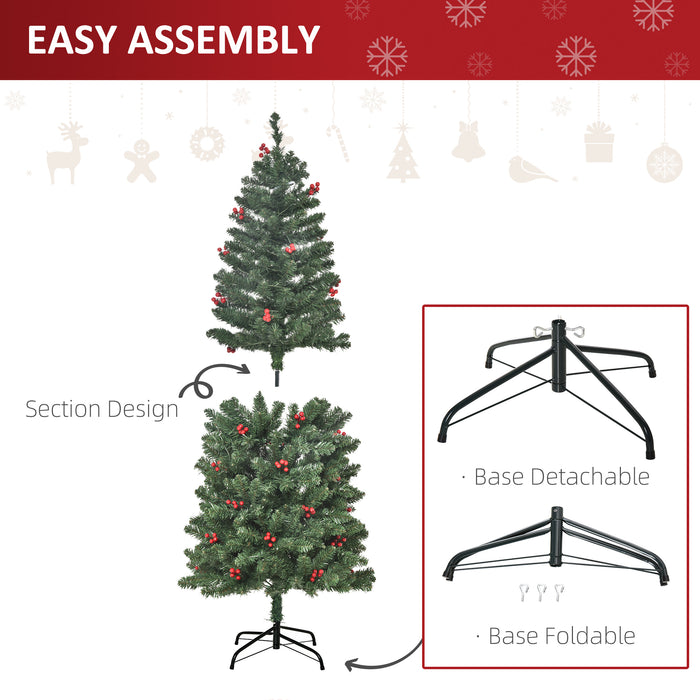 Artificial 5FT Pencil Christmas Tree with Lights and Berries - Pre-lit with Warm White LEDs and Decorated with Red Berries - Ideal for Festive Home Holiday Decor and Space-Saving Xmas Ambience