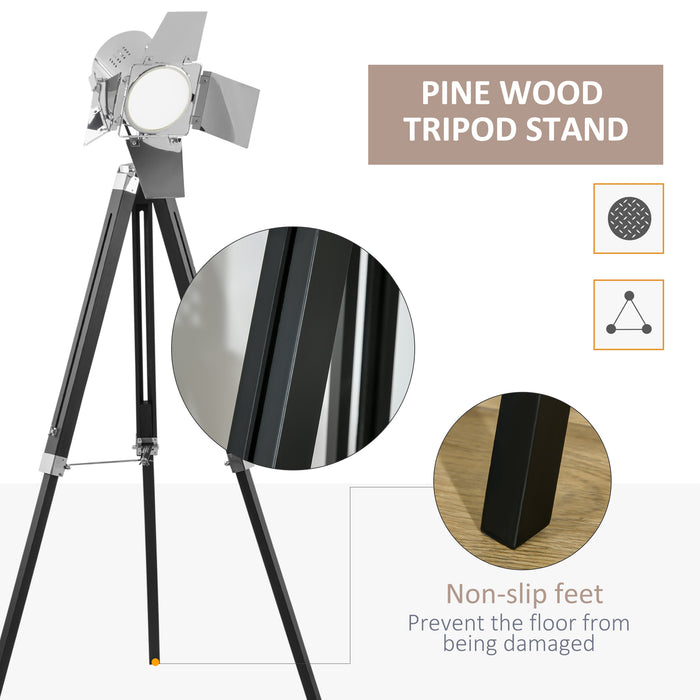 Nautical Cinema-Style Industrial Floor Lamp - Adjustable Wood-Legged Tripod Spotlight, Black & Silver - Elevates Living and Bedroom Ambiance