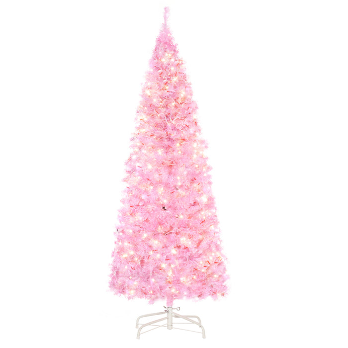 Slim Artificial Christmas Tree with Pre-Lit Warm White LEDs - 5-Foot, Realistic 408-Tip Pencil Tree for Xmas Decor - Pink, Space-Saving Holiday Centerpiece