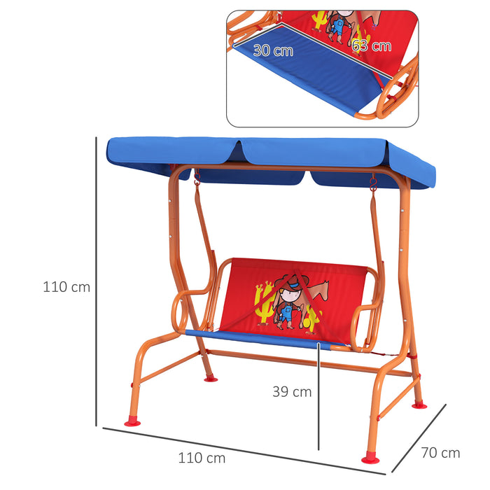 Kids Cowboy-Themed Garden Swing - 2-Seater Chair with Adjustable Canopy and Safety Belts - Perfect for Outdoor Family Fun