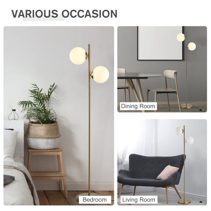 Gold Floor Lamp with Dual Glass Shades - Contemporary Metal Standing Light with Convenient Floor Switch - Stylish Illumination for Home or Office Decor