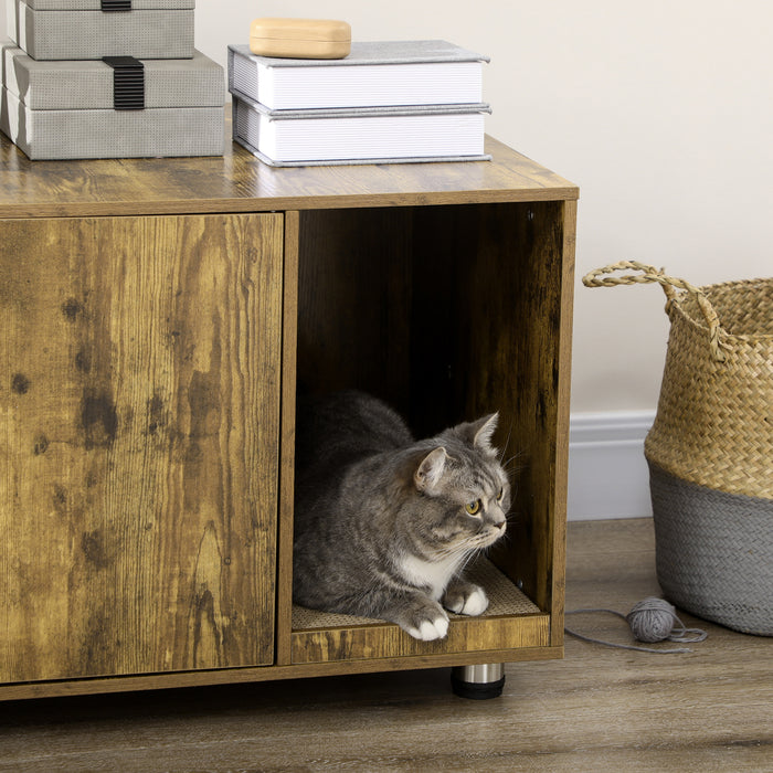 Hidden Cat Washroom Furniture - Rustic Brown Litter Box Enclosure with Scratching Pad and Double Doors - Stylish End Table Design for Pet Owners