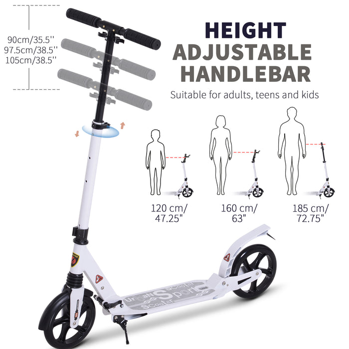 Folding Kick Scooter with Large Wheels - Adjustable Ride-On for Teens and Adults, White - Ideal for Commuting and Urban Travel for Ages 14+