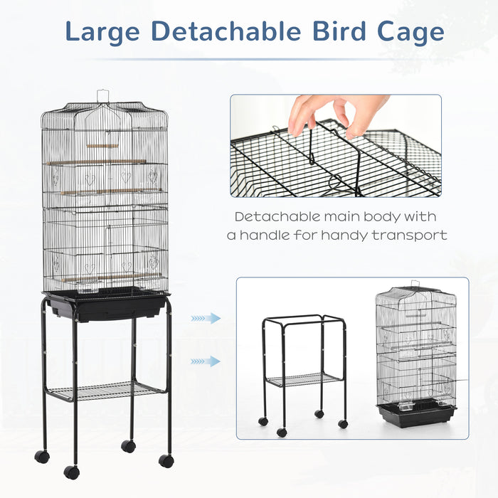Bird Cage with Stand - Wheeled Finch, Canary, and Parakeet Habitat with Slide-Out Tray - Includes Storage Shelf, Ideal for Bird Lovers and Pet Safety