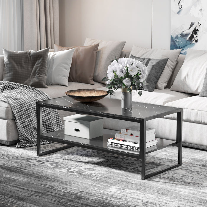 Elegant Two-Tier Marble Print Coffee Table - Sturdy Metal Frame with Protective Foot Pads - Modern Home Display and Storage Solution