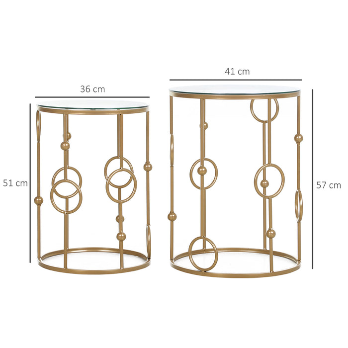Gold Nesting Coffee Table Duo - Set of 2 Round Tables with Tempered Glass Top & Steel Frame - Elegant Space-Saving Furniture for Living Room