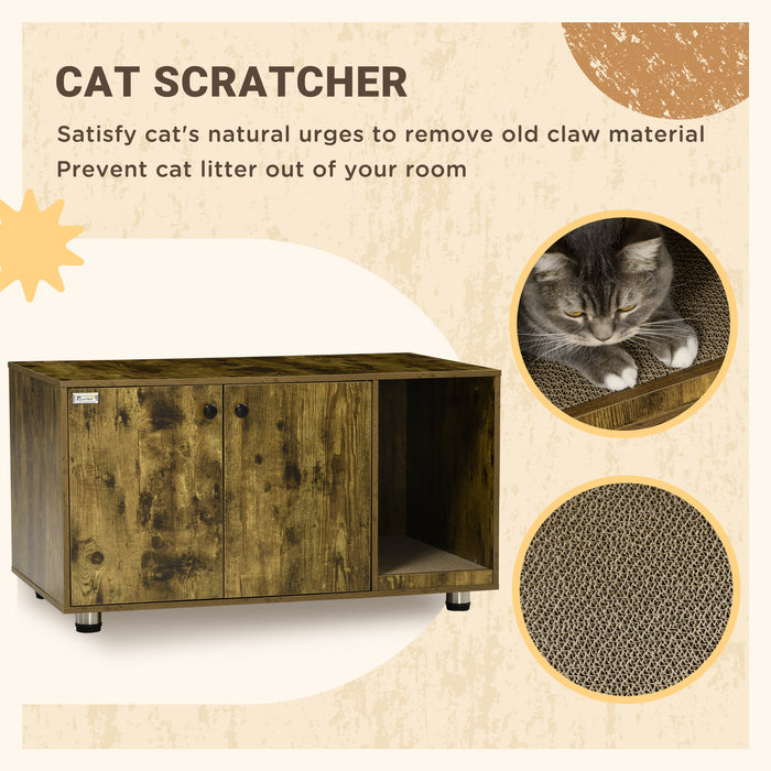 Hidden Cat Washroom Furniture - Rustic Brown Litter Box Enclosure with Scratching Pad and Double Doors - Stylish End Table Design for Pet Owners