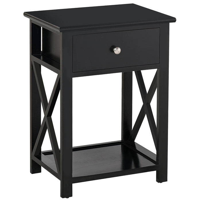 Vintage-Style End Table with Storage - Single Drawer & X-Bar Shelf for Organization - Ideal for Living Rooms and Bedrooms, 40x30x55 cm - Classic Black Finish