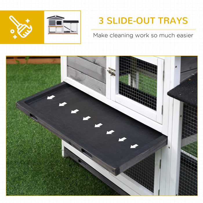 2-Tier Wooden Rabbit Hutch with Ramp - Grey, Pull-Out Tray for Easy Cleaning - Ideal Outdoor Shelter for Pet Rabbits