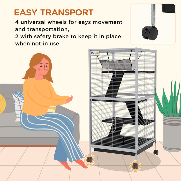 Pet Play House Cage for Small Animals - Wheeled Design with Multiple Platforms, Light Grey - Ideal for Active Pets Needing Space & Mobility