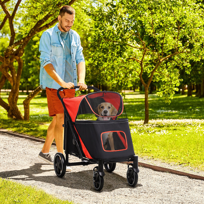 Red Pet Stroller with Shock Absorbing Universal Wheels - One-Click Folding Cat & Dog Carriage, Breathable Mesh Window, Brakes & Storage - Convenient Pet Travel & Comfort