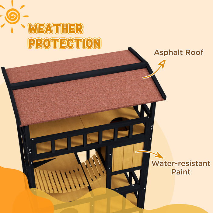 Four-Tier Wooden Outdoor Cat Shelter - Sturdy Feral Cat House with Suspension Bridge, Balcony, and Escape Doors - Perfect Haven for Outdoor or Stray Cats
